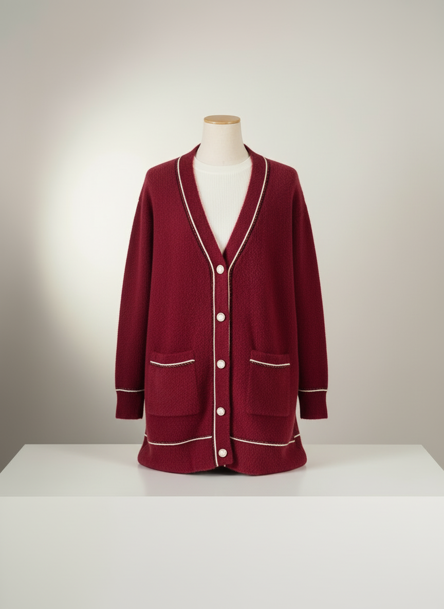 Kadın Uzun Triko Hırka Beyaz Şerit Detaylı - Bordo