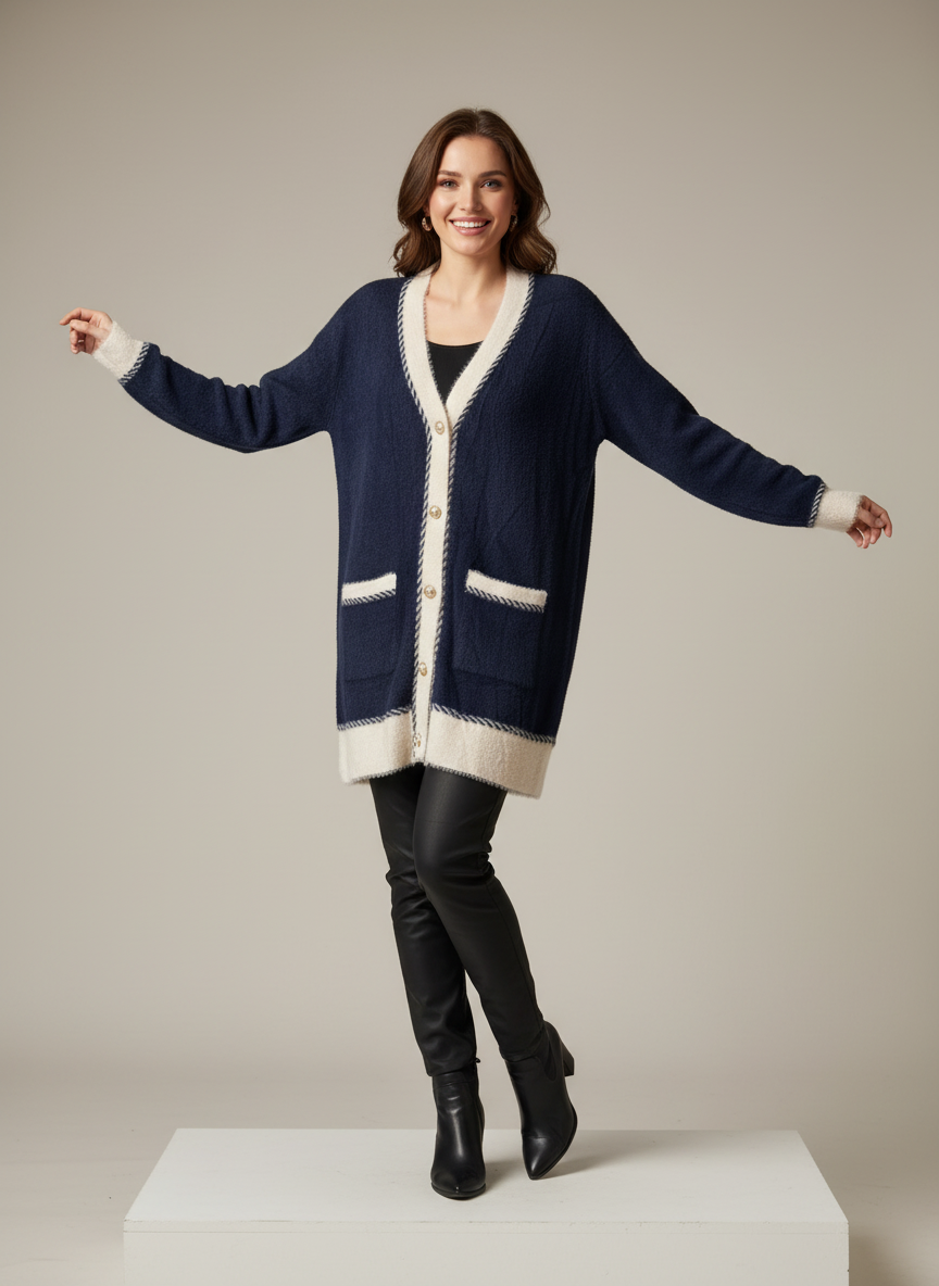 Kadın Uzun Triko Hırka Krem Şerit Detaylı - Lacivert