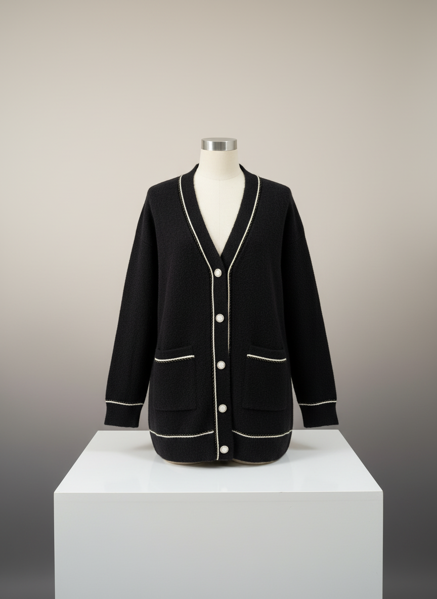 Kadın Uzun Triko Hırka Krem Şerit Detaylı - Siyah