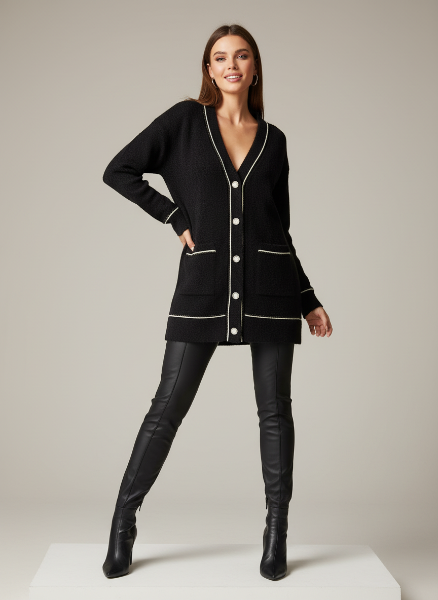 Kadın Uzun Triko Hırka Krem Şerit Detaylı - Siyah