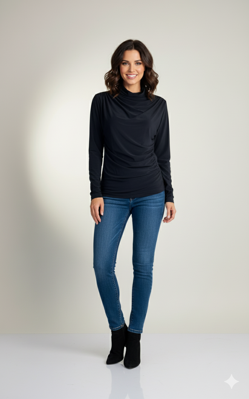 Asimetrik Büzgülü Siyah Bluz | Drape Yaka