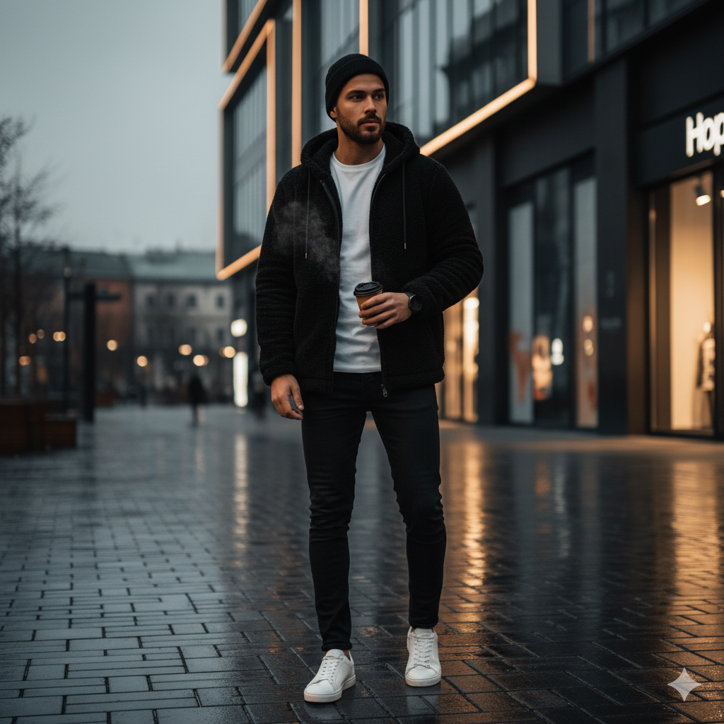 Kapüşonlu Fermuarlı Siyah Erkek Mont - Rahat Kesim