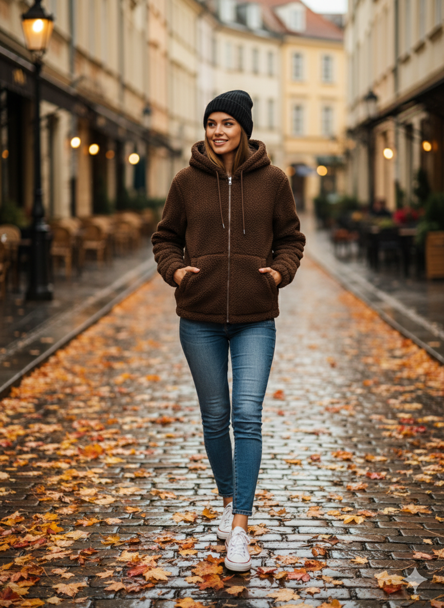 Kapüşonlu Fermuarlı Kahverengi Bayan Kaban - Rahat Kesim