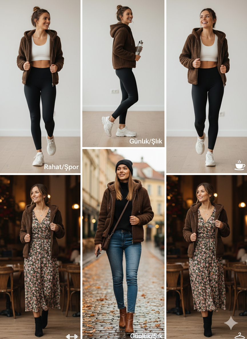 Kapüşonlu Fermuarlı Kahverengi Bayan Kaban - Rahat Kesim