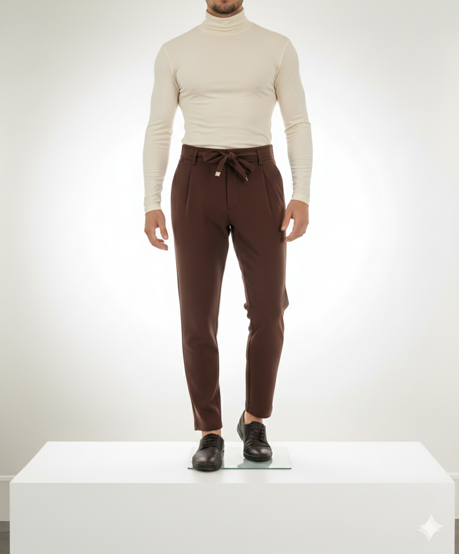 Beli Bağcıklı Pileli Kahverengi Erkek Pantolon