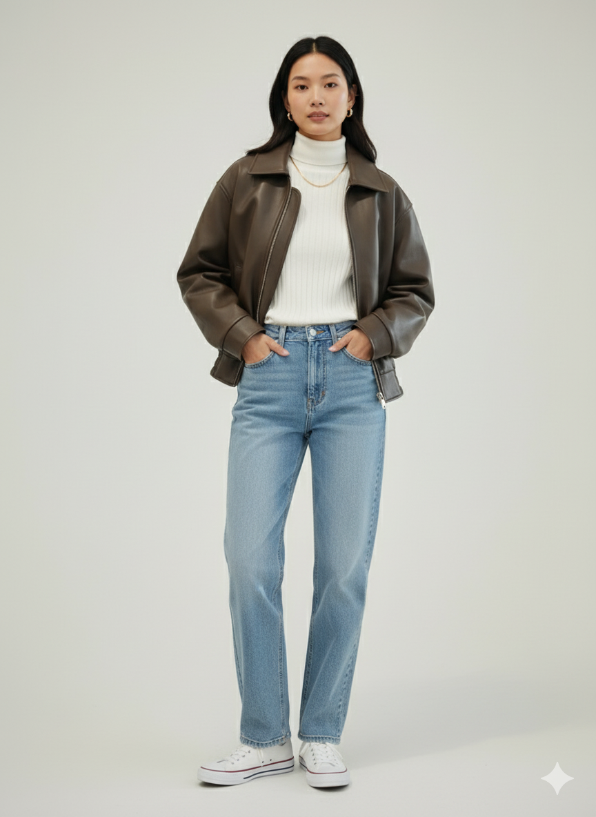 Kahverengi Deri Bomber Ceket