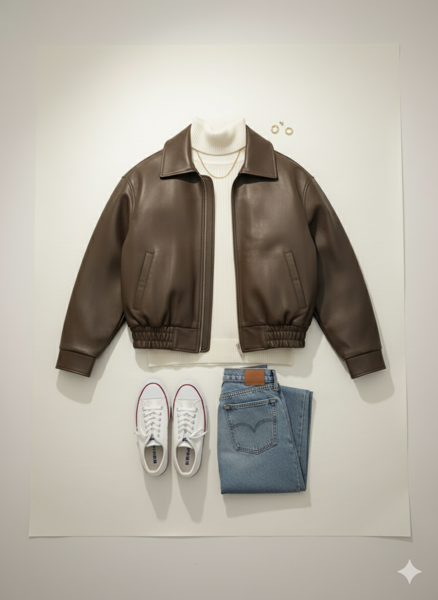 Kahverengi Deri Bomber Ceket