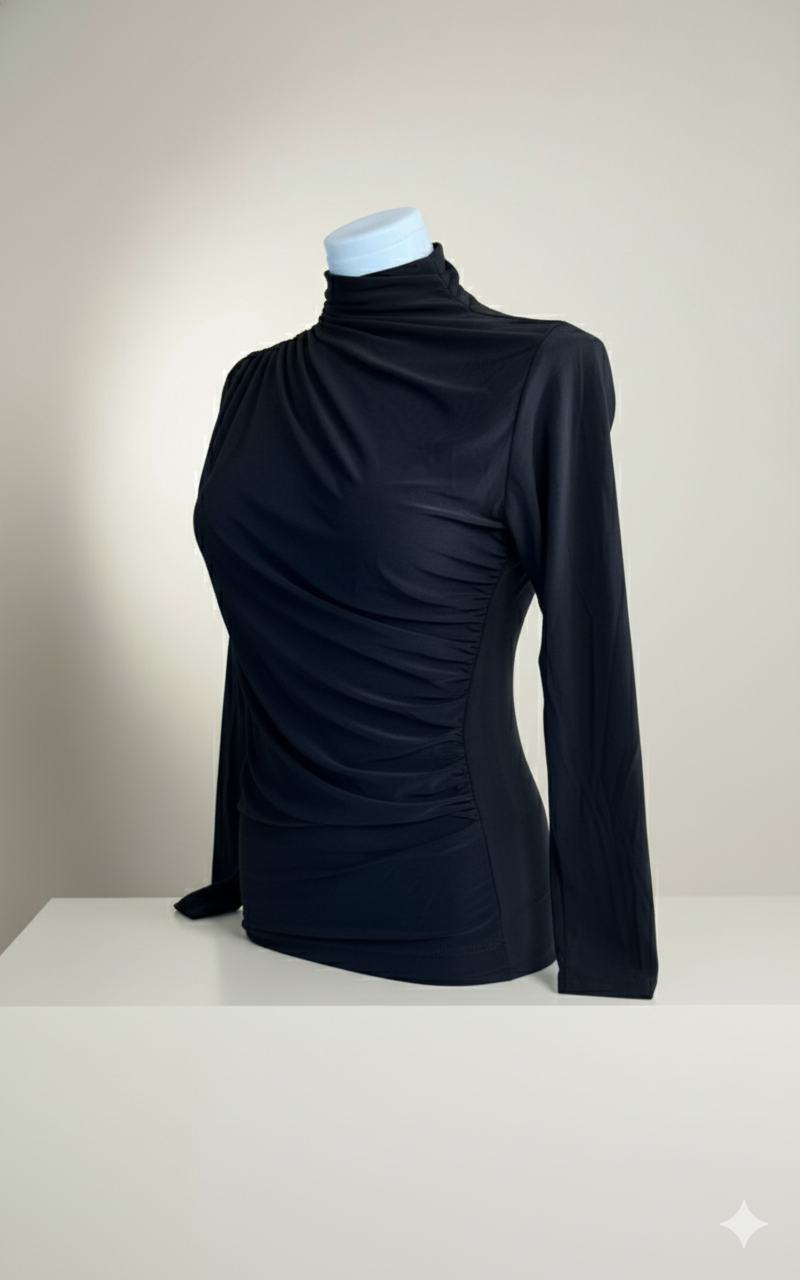 Asimetrik Büzgülü Siyah Bluz | Drape Yaka