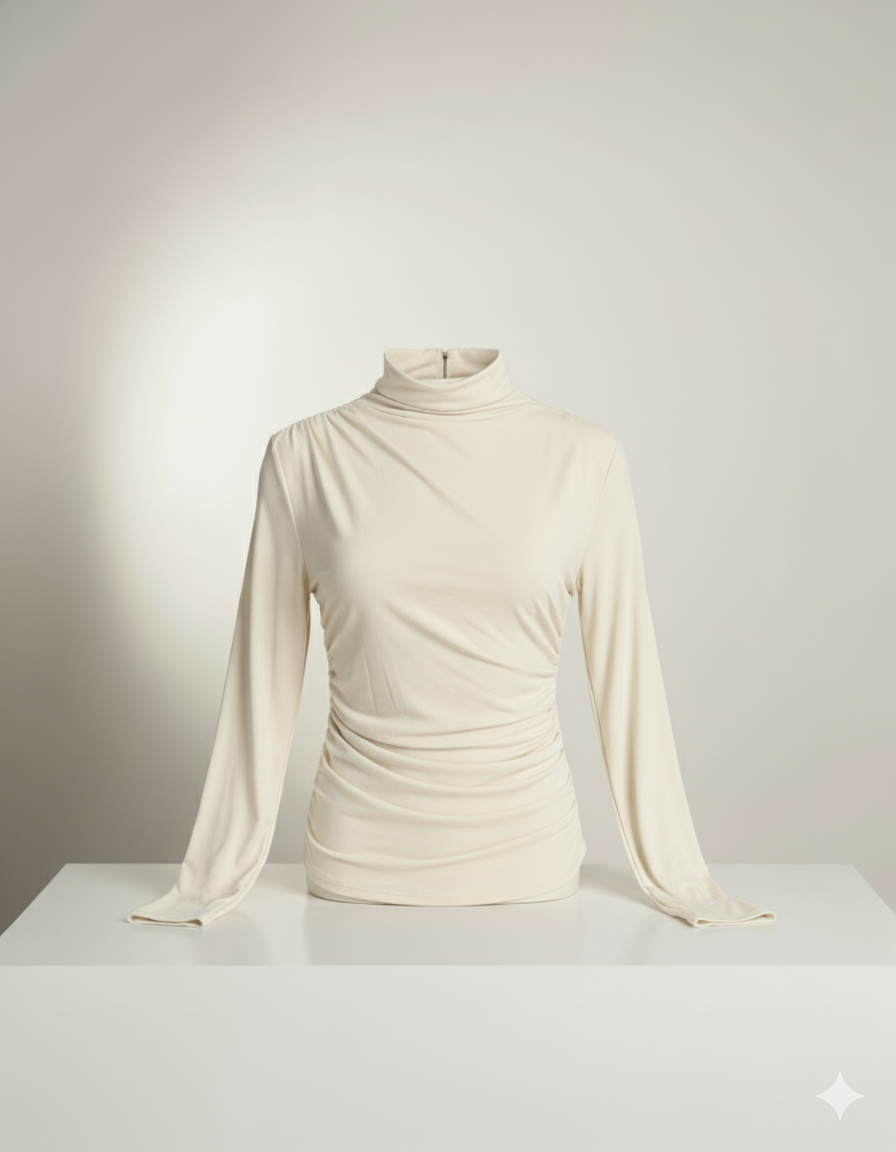 Asimetrik Büzgülü Bej Bluz | Drape Yaka