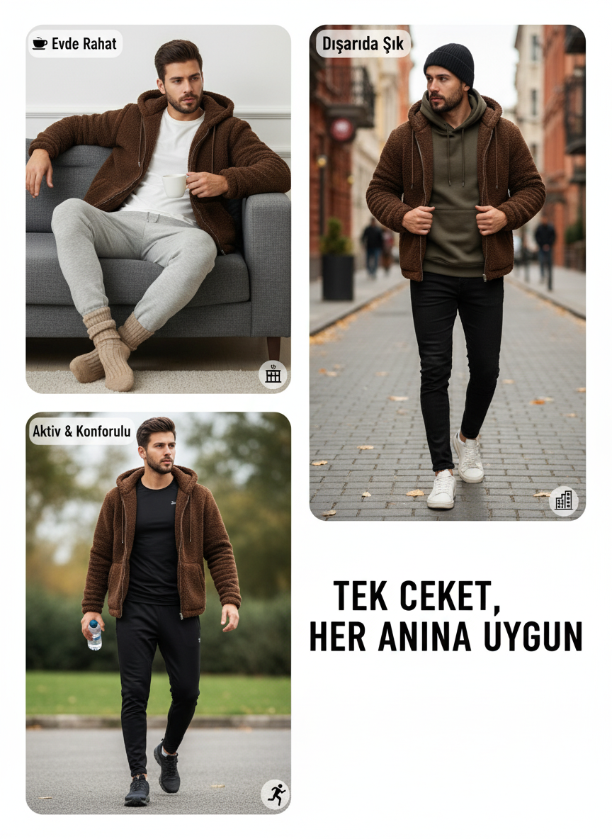 Kapüşonlu Fermuarlı Kahverengi Erkek Mont- Rahat Kesim