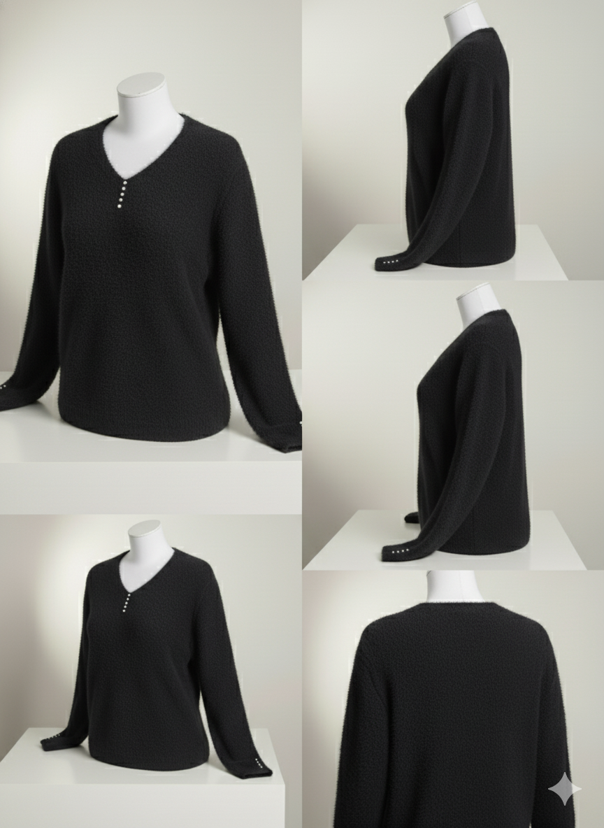 İnci Düğme Detaylı Yumuşacık V Yaka Siyah Kazak