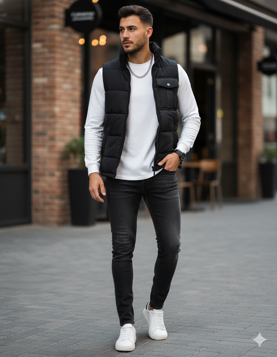 Modern Kesim Dik Yaka Siyah Yelek – Logo Detaylı