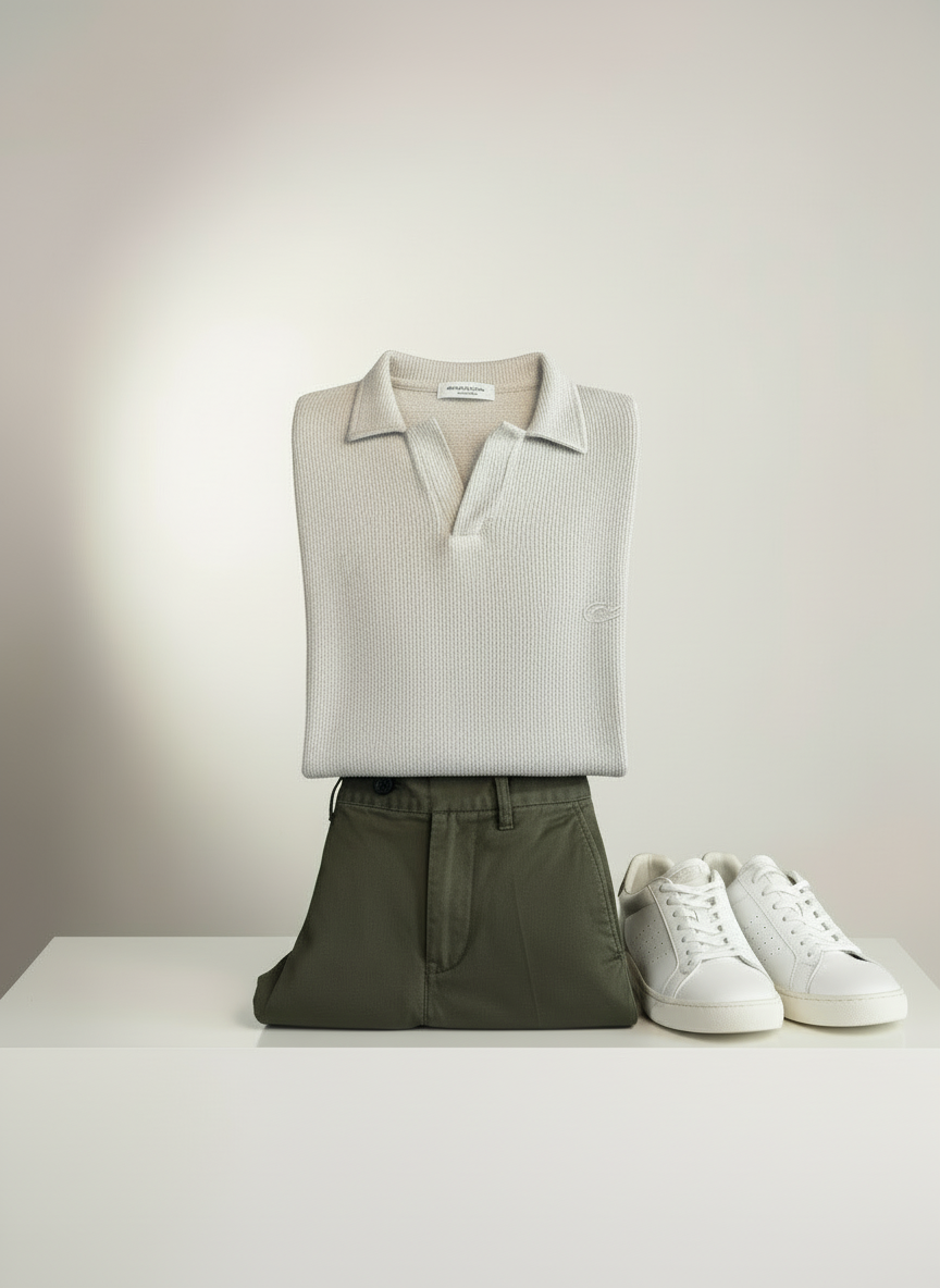 Erkek Polo Yaka Fitilli Triko Kazak - Bej