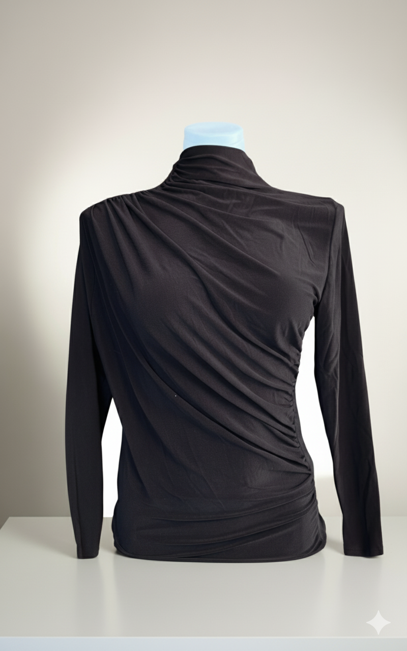 Asimetrik Büzgülü Siyah Bluz | Drape Yaka