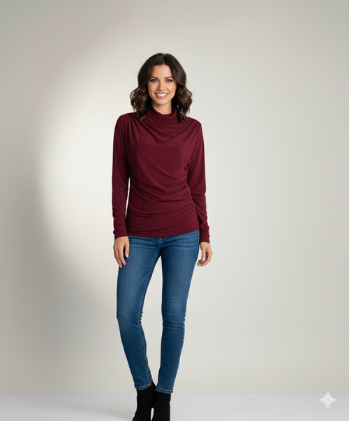 Asimetrik Büzgülü Bordo Bluz | Drape Yaka