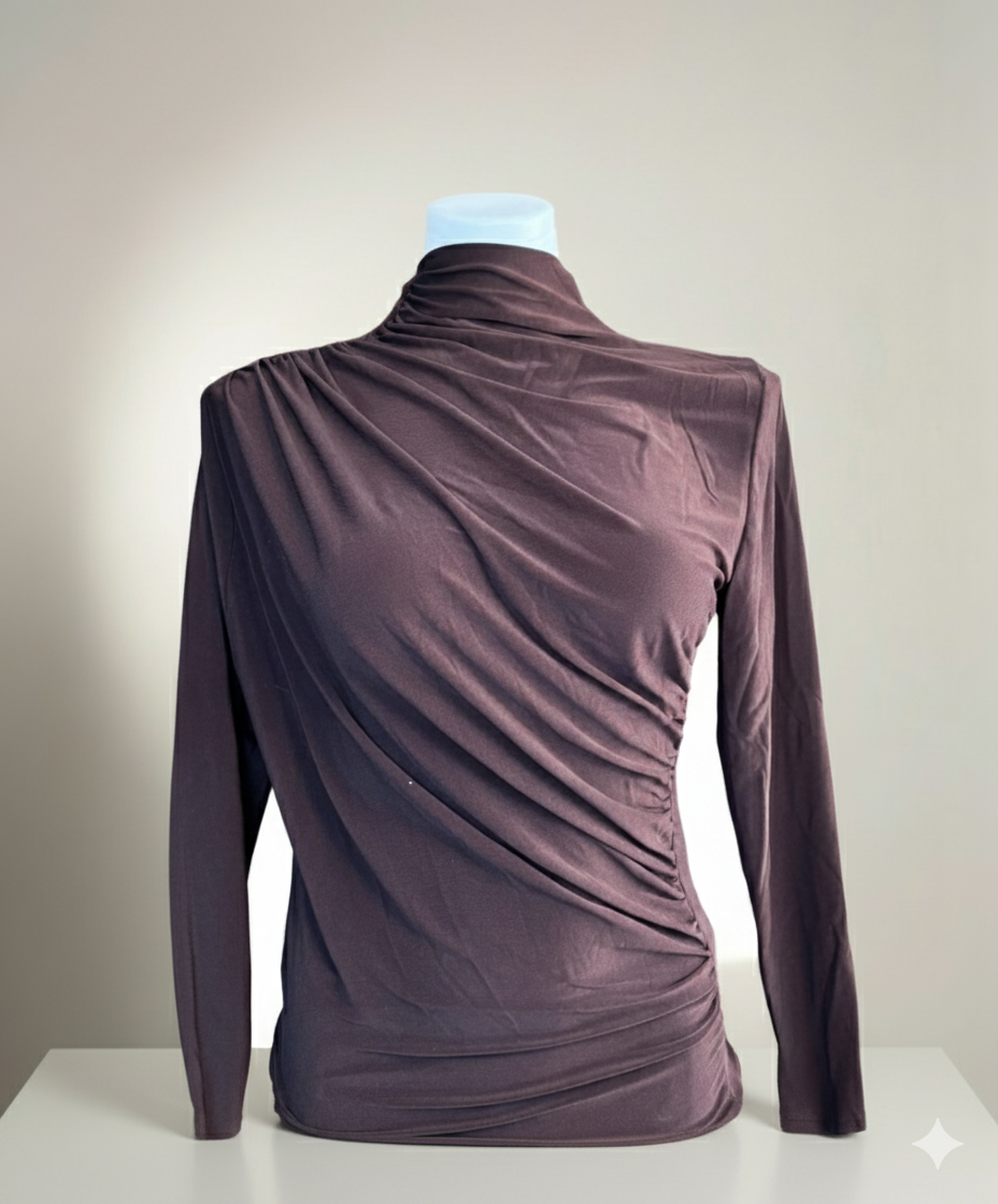 Asimetrik Büzgülü Kahverengi Bluz | Drape Yaka