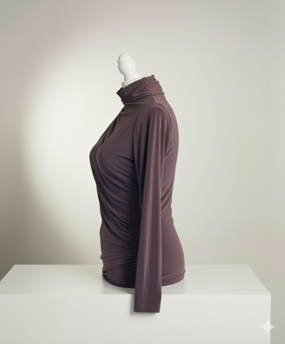 Asimetrik Büzgülü Kahverengi Bluz | Drape Yaka