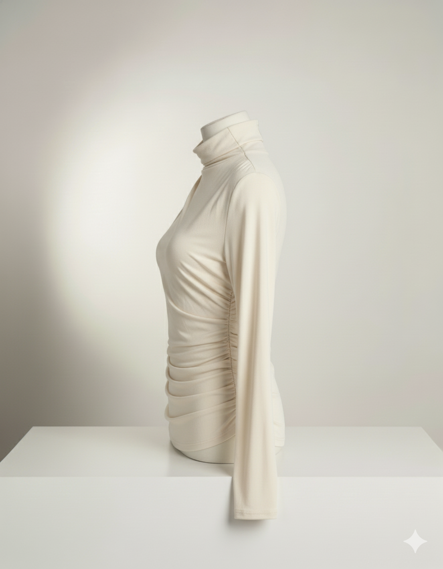 Asimetrik Büzgülü Bej Bluz | Drape Yaka