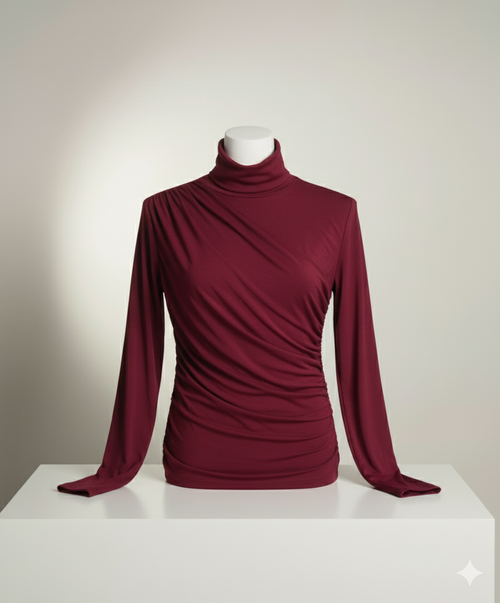 Asimetrik Büzgülü Bordo Bluz | Drape Yaka