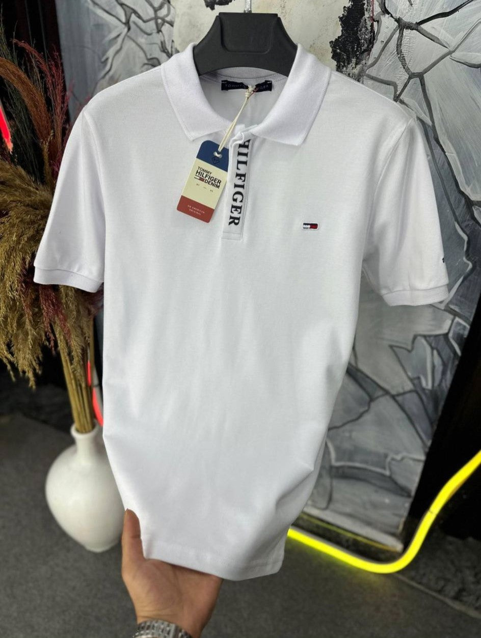 Yazılı Düğmeli Beyaz Erkek Polo Tişört