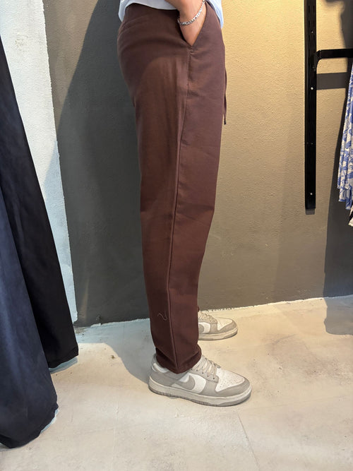 Beli Bağcıklı Kahverengi Kumaş Pantolon - Havuç Kesim