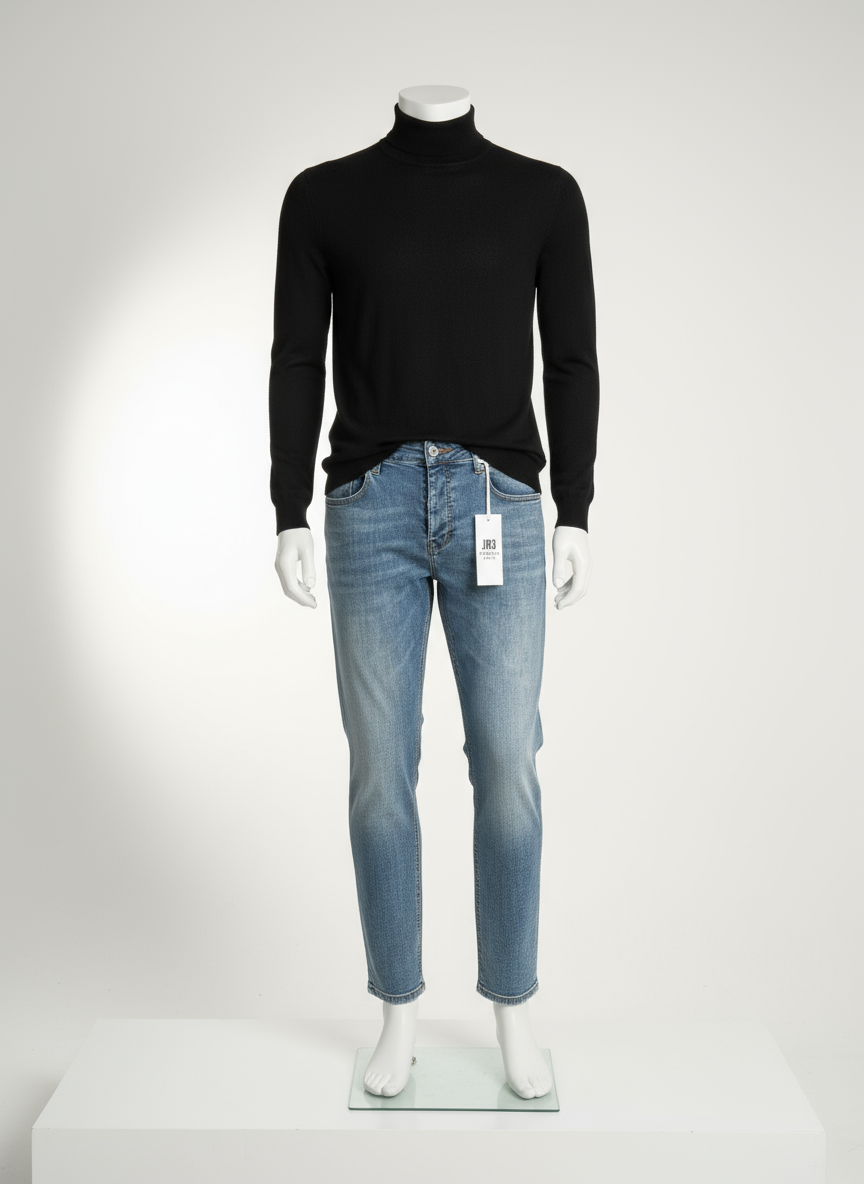 Açık mavi jean siyah balıkçı yaka kazak kombinasyonu - Crux Giyim"