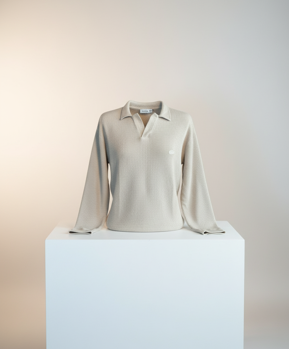 Bej fitilli polo yaka kazak açık arka plan - Crux Giyim