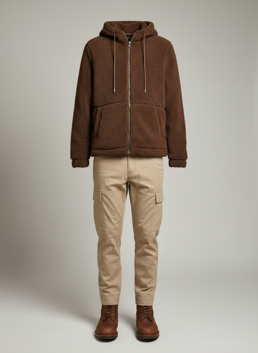 Kapüşonlu Fermuarlı Kahverengi Erkek Mont- Rahat Kesim