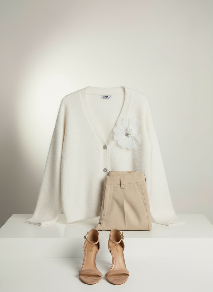 Beyaz Tüylü Çiçek Broşlu Hırka