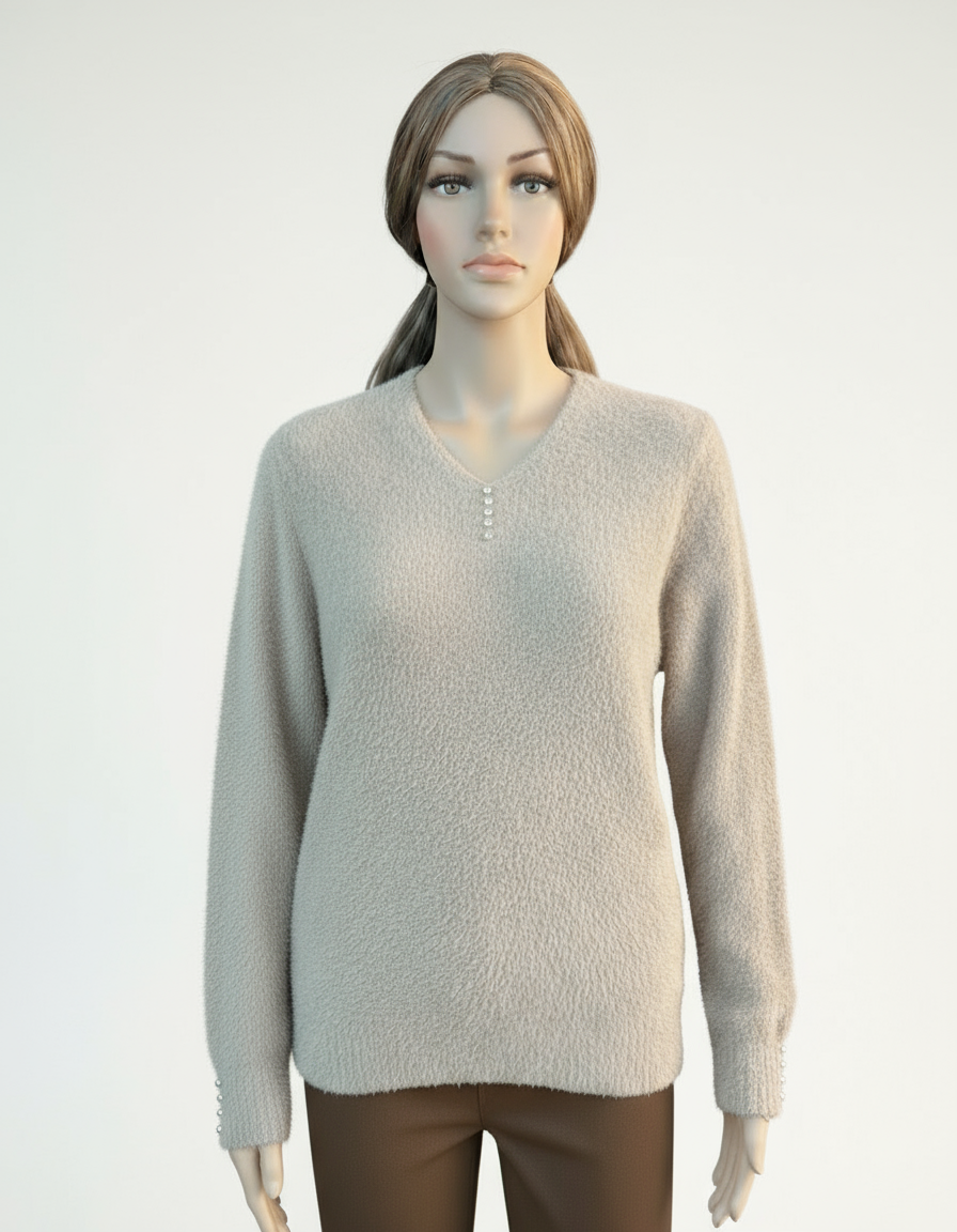 İnci Düğme Detaylı Yumuşacık V Yaka Bej Kazak