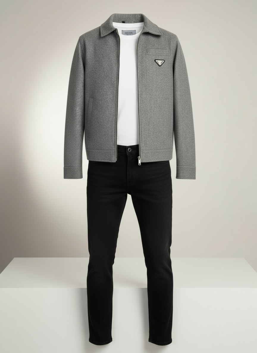 Erkek Gri Yakalı, Cepli, Fermuarlı Lüks Tasarım Mont