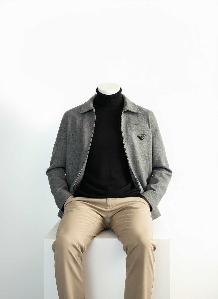 Erkek Gri Yakalı, Cepli, Fermuarlı Lüks Tasarım Mont