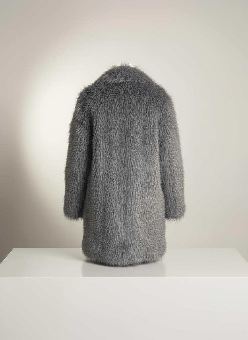 Premium Kalite Gri Yapay Kürk Kaban