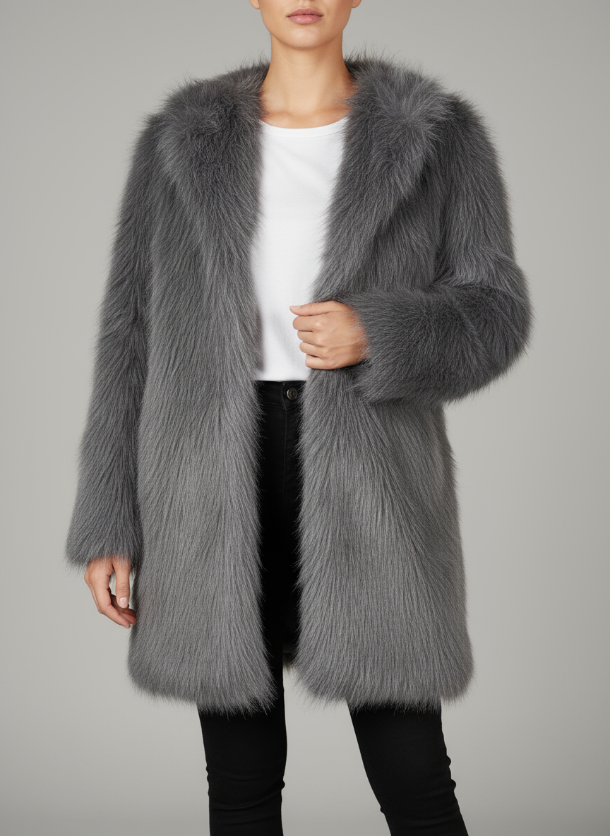 Premium Kalite Gri Yapay Kürk Kaban