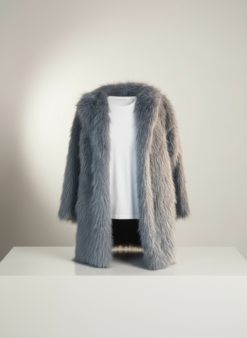 Premium Kalite Gri Yapay Kürk Kaban