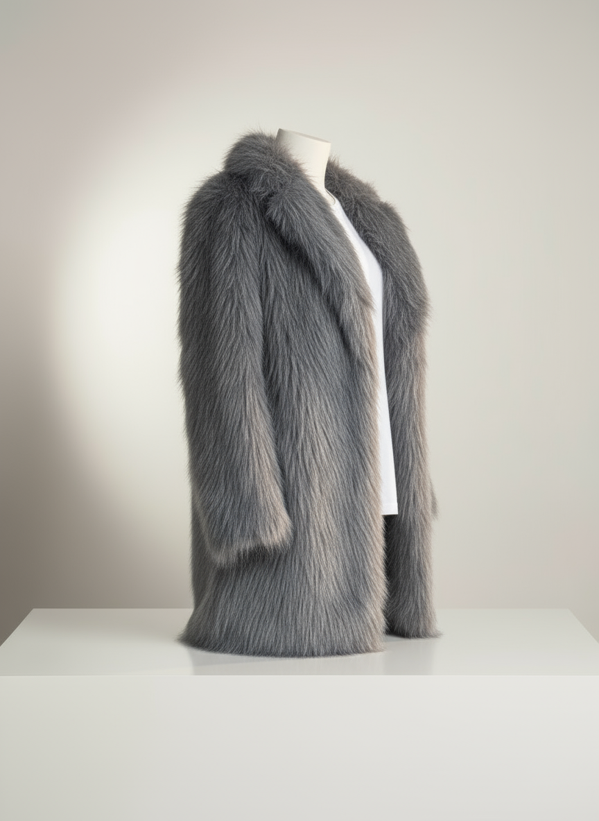 Premium Kalite Gri Yapay Kürk Kaban