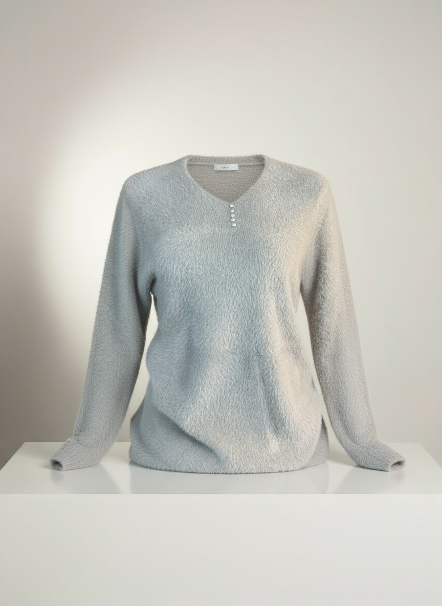 İnci Düğme Detaylı Yumuşacık V Yaka Bej Kazak