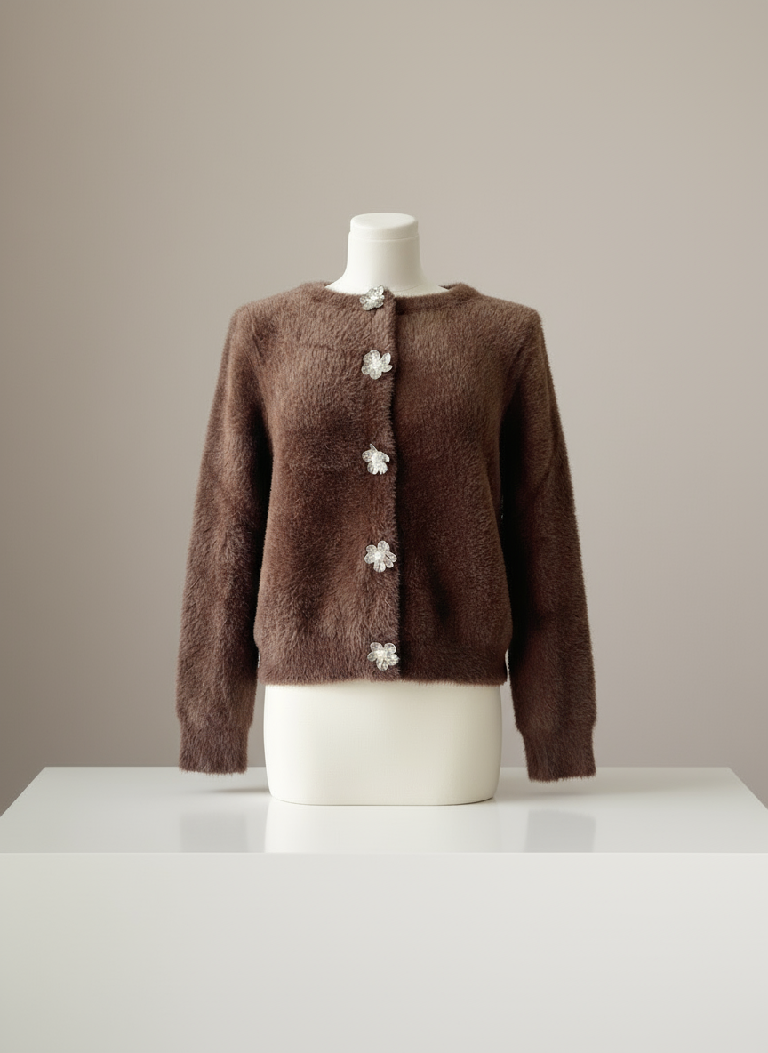 Kahverengi Çiçek Düğmeli Triko Hırka