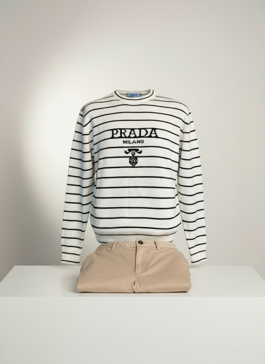 Beyaz Prada çizgili kazak bej pantolon kombinasyonu - Crux Giyim