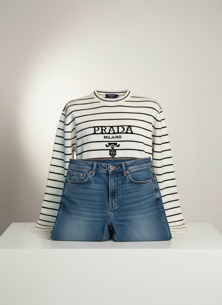 ERKEK PRADA ÇİZGİLİ TRİKO KAZAK-BEYAZ