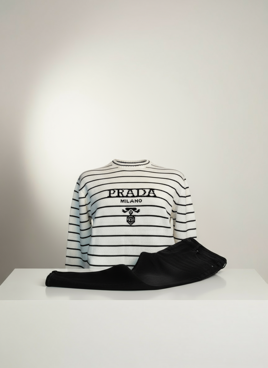 ERKEK PRADA ÇİZGİLİ TRİKO KAZAK-BEYAZ