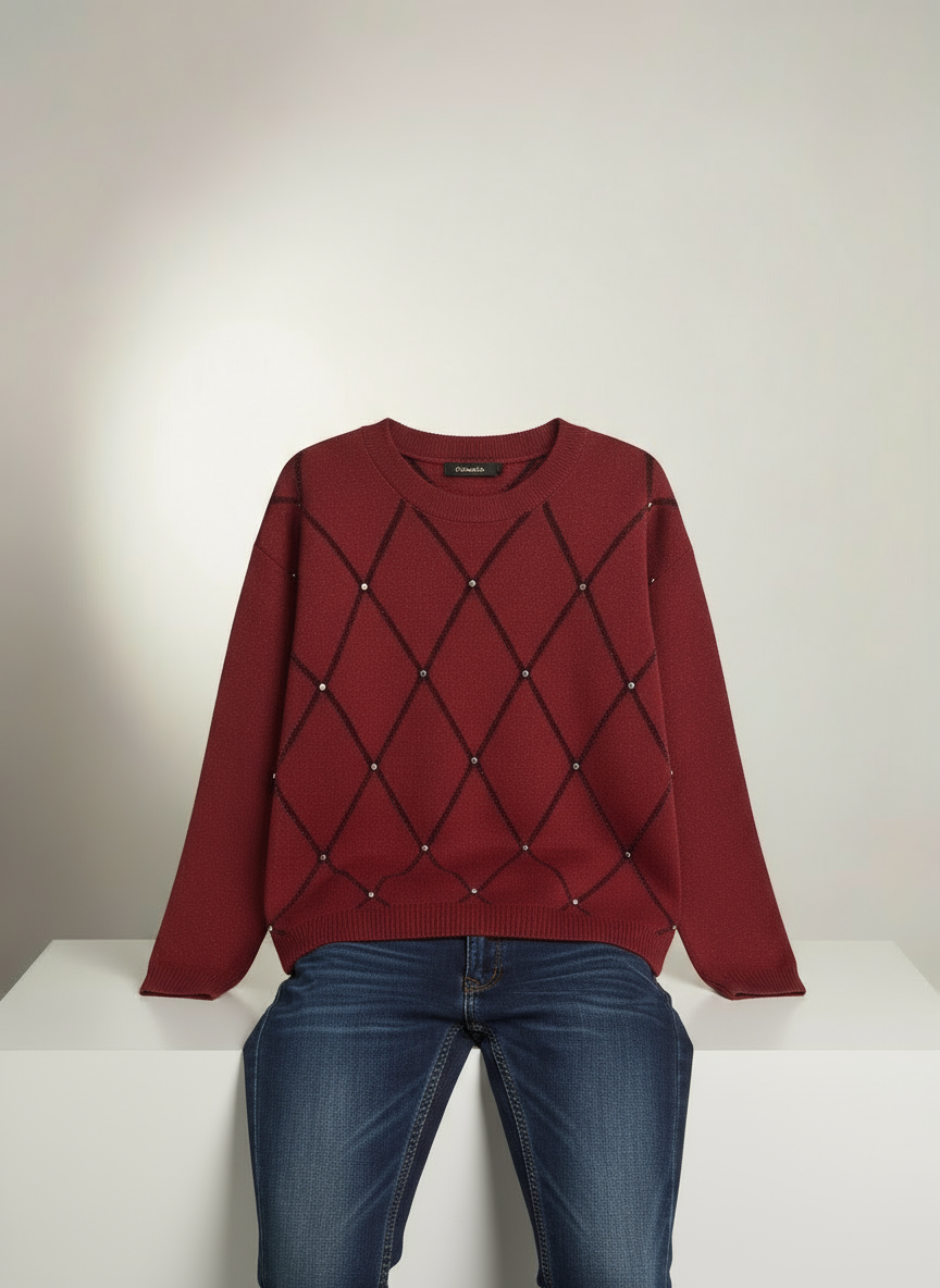 Kırmızı İnci Detaylı Kazak