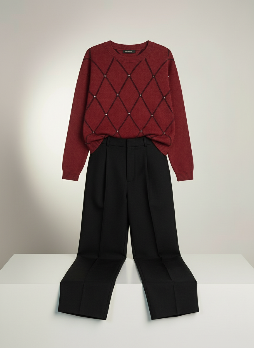 Kırmızı İnci Detaylı Kazak