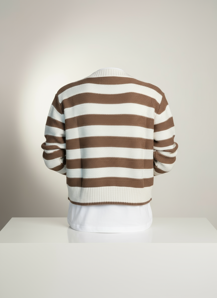 Kahve ve Ekru Çizgili V Yaka Düğmeli Triko Hırka