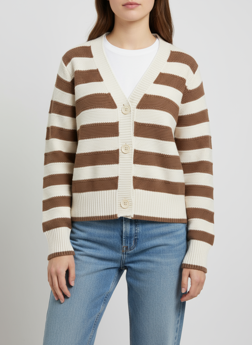 Kahve ve Ekru Çizgili V Yaka Düğmeli Triko Hırka