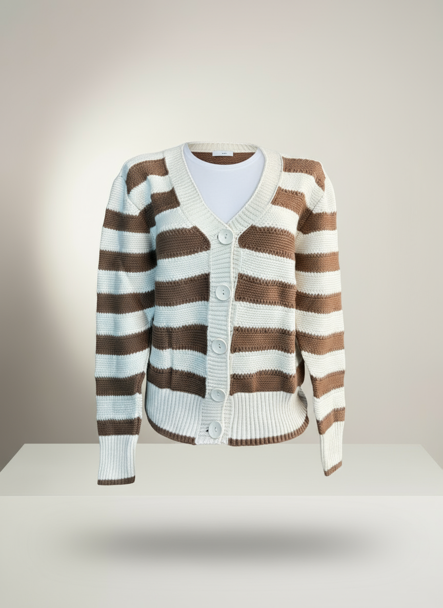 Kahve ve Ekru Çizgili V Yaka Düğmeli Triko Hırka