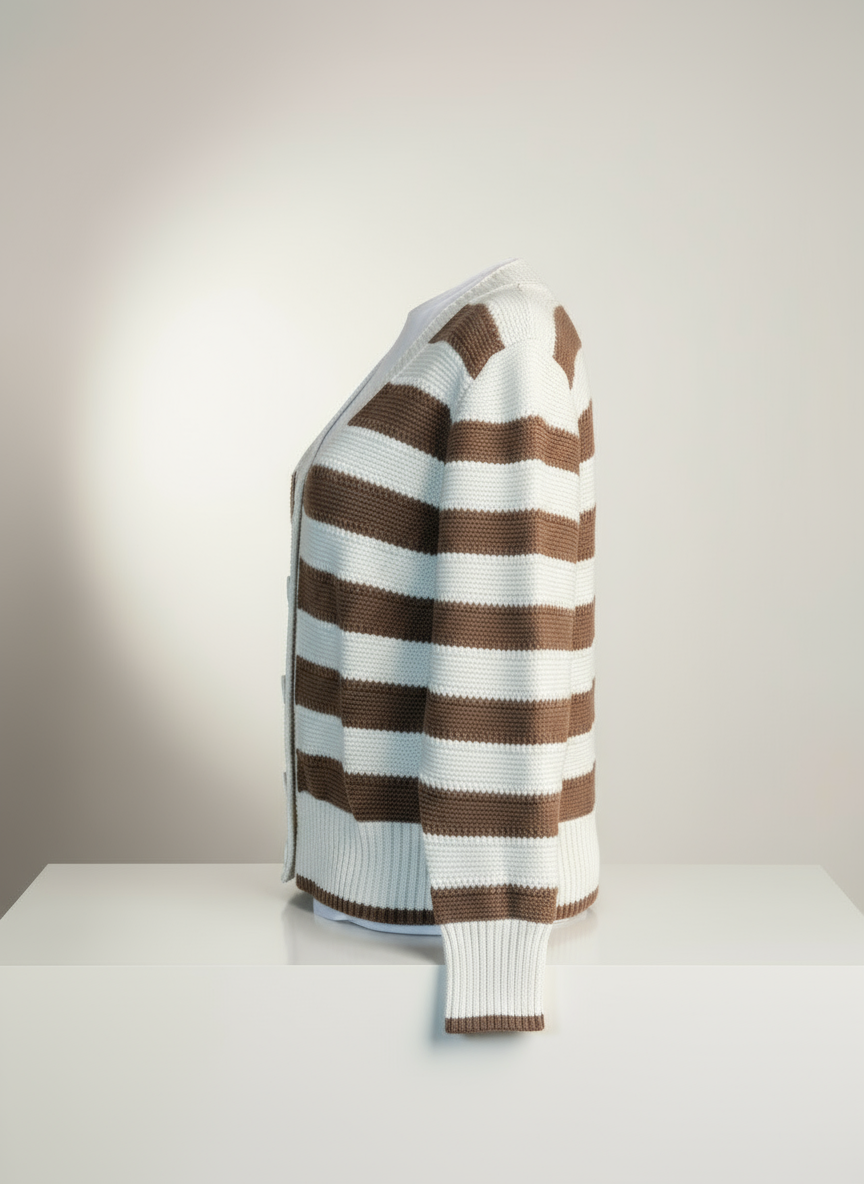 Kahve ve Ekru Çizgili V Yaka Düğmeli Triko Hırka