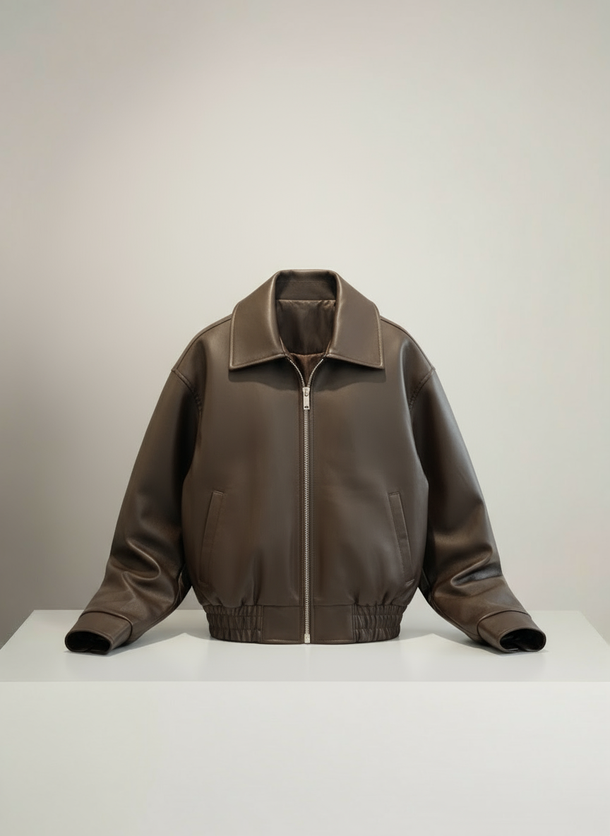 Kahverengi Deri Bomber Ceket