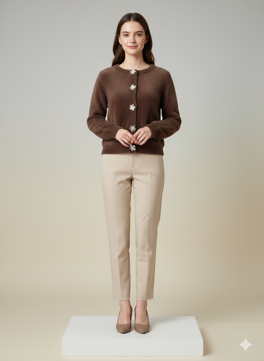 Kahverengi Çiçek Düğmeli Triko Hırka