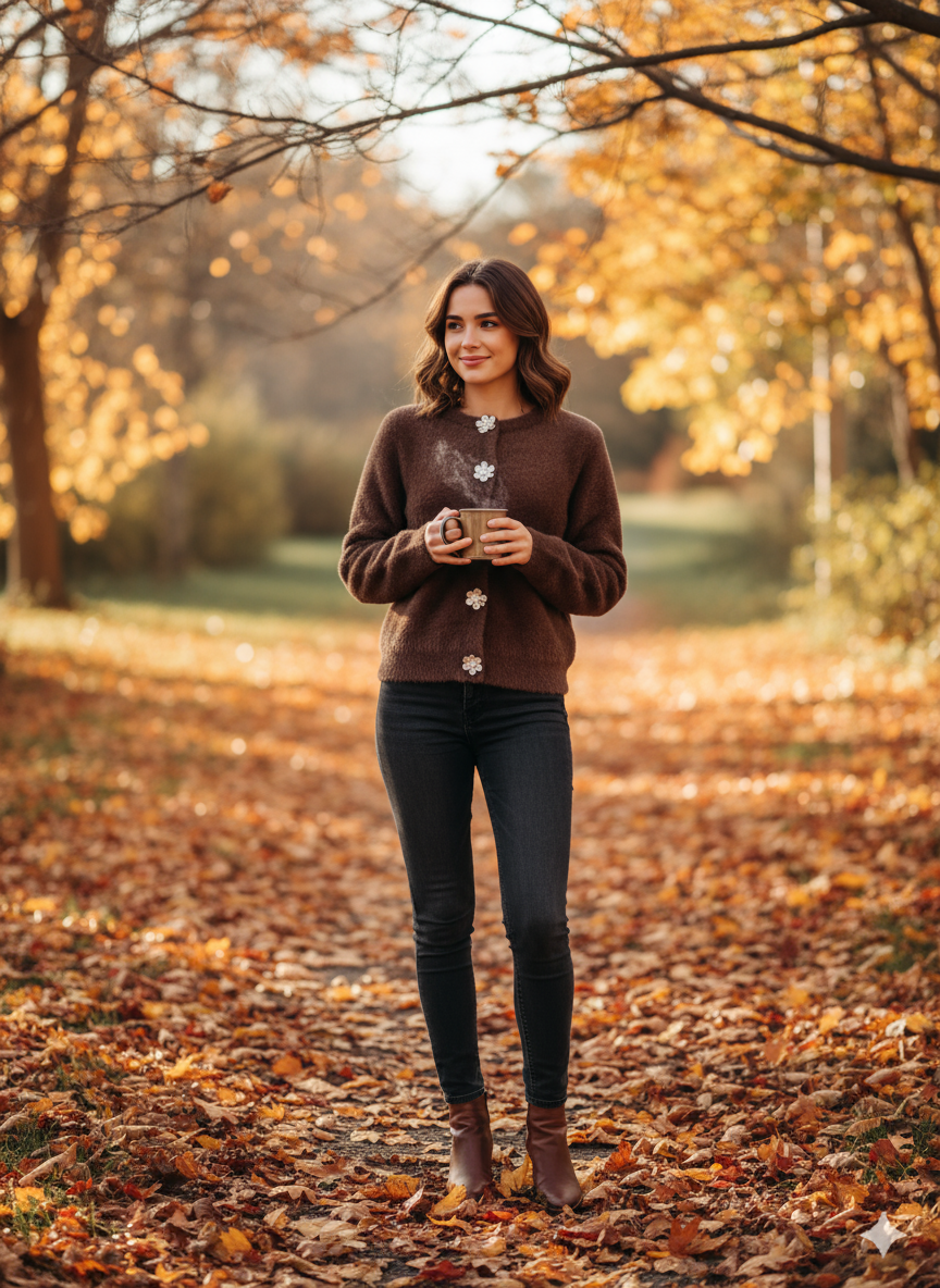 Kahverengi Çiçek Düğmeli Triko Hırka
